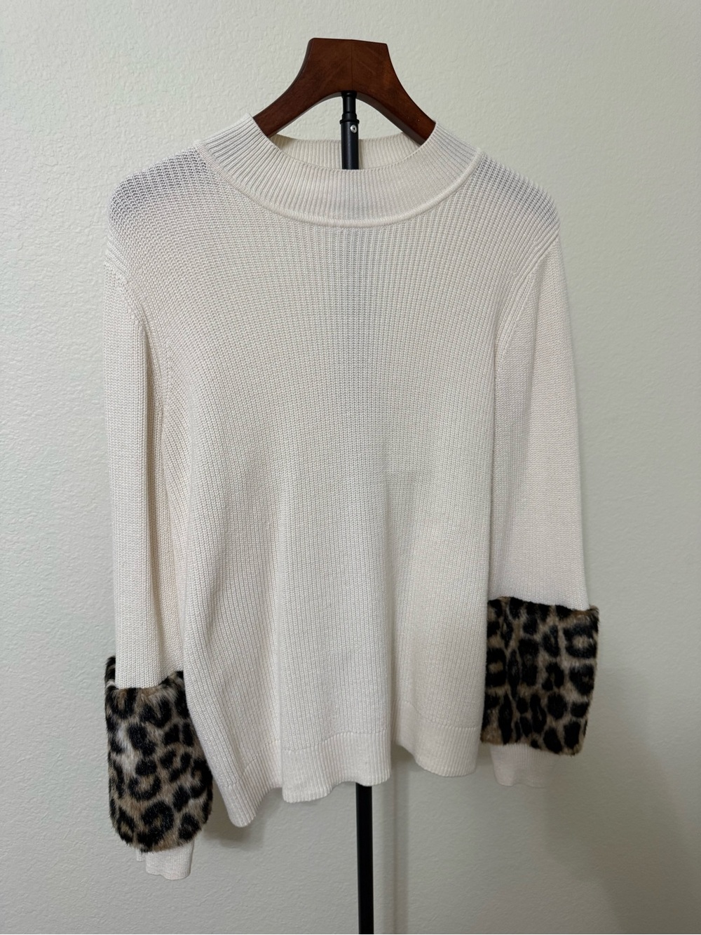 Michael Kors Cream Knit Sweater with Leopard Faux Fur Cuffs